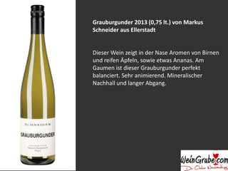 Grauburgunder 2013 (0,75 lt.) von Markus 
Schneider aus Ellerstadt 
Dieser Wein zeigt in der Nase Aromen von Birnen 
und reifen Äpfeln, sowie etwas Ananas. Am 
Gaumen ist dieser Grauburgunder perfekt 
balanciert. Sehr animierend. Mineralischer 
Nachhall und langer Abgang. 
 