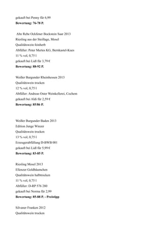 gekauft bei Penny für 6,99 
Bewertung: 76-78 P. 
Alte Rebe Ockfener Bockstein Saar 2013 
Riesling aus der Steillage, Mosel 
Qualitätswein feinherb 
Abfüller: Peter Mertes KG, Bernkastel-Kues 
11 % vol, 0,75 l 
gekauft bei Lidl für 3,79 € 
Bewertung: 88-92 P. 
Weißer Burgunder Rheinhessen 2013 
Qualitätswein trocken 
12 % vol, 0,75 l 
Abfüller: Andreas Oster Weinkellerei, Cochem 
gekauft bei Aldi für 2,59 € 
Bewertung: 85/86 P. 
Weißer Burgunder Baden 2013 
Edition Junge Winzer 
Qualitätswein trocken 
13 % vol, 0,75 l 
Erzeugerabfüllung D-BWB 001 
gekauft bei Lidl für 5,99 € 
Bewertung: 83-85 P. 
Riesling Mosel 2013 
Ellenzer Goldbäumchen 
Qualitätswein halbtrocken 
11 % vol, 0,75 l 
Abfüller: D-RP 576 280 
gekauft bei Norma für 2,99 
Bewertung: 85-88 P. - Preistipp 
Silvaner Franken 2012 
Qualitätswein trocken 
 