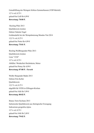 Gutsabfüllung des Weinguts Schloss Sommerhausen (VDP-Betrieb) 
12 % vol, 0,75 l 
gekauft bei Lidl für 6,99 € 
Bewertung: 78-80 P. 
Riesling Pfalz 2013 
Qualitätswein trocken 
Edition Valentin Vogel 
Goldmedaille bei der Weinprämierung Mundus Vini 2014 
12,5 % vol, 0,75 l 
gekauft bei Netto für 4,99 € 
Bewertung: 75-81 P. 
Riesling Weißburgunder Pfalz 2013 
Qualitätswein trocken 
Linie "1538" 
12 % vol, 0,75 l 
Abfüller: Weinkelleri Hechtsheim, Mainz 
gekauft bei Penny für 4,99 € 
Bewertung: 87-88 P. - Favorit 
Weißer Burgunder Baden 2013 
Edition Fritz Keller 
Qualitätswein 
12,5 % vol, 0,75 l 
abgefüllt für VITIS in Effringen-Kirchen 
gekauft bei Aldi für 5,99 € 
Bewertung: 80-82 P. 
Bianco Terre Siciliane 2013 
Italienischer Qualitätswein aus ökologischer Erzeugung 
Indicazione geografica tipica 
12 % vol, 0,75 l 
gekauft bei Aldi für 2,49 € 
Bewertung: 79-82 P. 
 