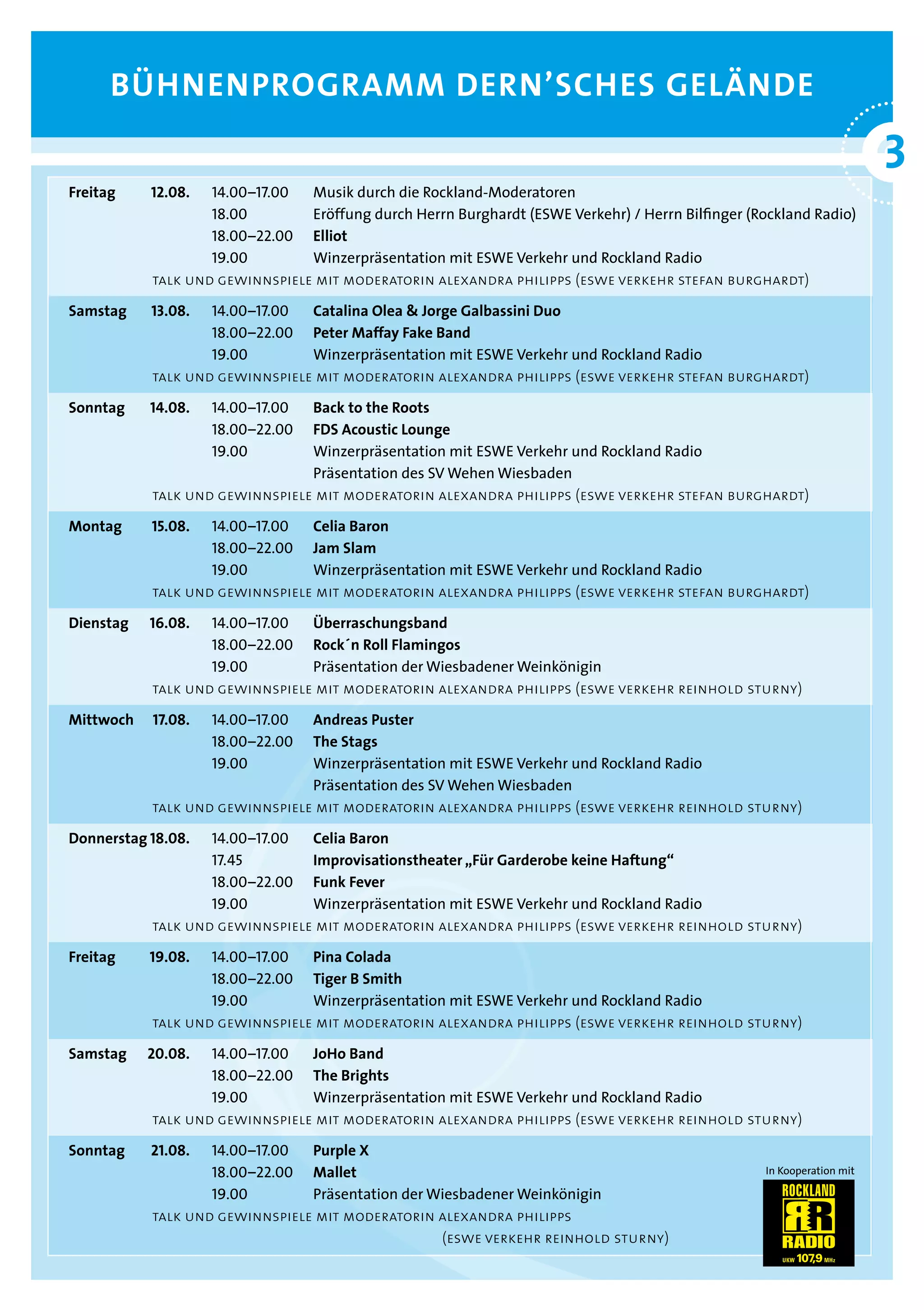 BÜHNENPROGRAMM dERN’scHEs GEläNdE

                                                                                                                            3
                                                                                                                            °
    Freitag    12.08.  14.00–17.00  Musik durch die Rockland-Moderatoren
                       18.00        Eröffung durch Herrn Burghardt (ESWE Verkehr) / Herrn Bilfinger (Rockland Radio)
                       18.00–22.00 Elliot
                       19.00        Winzerpräsentation mit ESWE Verkehr und Rockland Radio
               talk und gewinnspiele mit moderatorin alexandra philipps (eswe verkehr stefan burghardt)

    samstag    13.08.  14.00–17.00  catalina Olea & Jorge Galbassini duo
                       18.00–22.00 Peter Maffay Fake Band
                       19.00        Winzerpräsentation mit ESWE Verkehr und Rockland Radio
               talk und gewinnspiele mit moderatorin alexandra philipps (eswe verkehr stefan burghardt)

    sonntag    14.08.   14.00–17.00 Back to the Roots
                        18.00–22.00 Fds Acoustic lounge
                        19.00       Winzerpräsentation mit ESWE Verkehr und Rockland Radio
                                    Präsentation des SV Wehen Wiesbaden
              talk und gewinnspiele mit moderatorin alexandra philipps (eswe verkehr stefan burghardt)

    Montag     15.08.  14.00–17.00  celia Baron
                       18.00–22.00 Jam slam
                       19.00        Winzerpräsentation mit ESWE Verkehr und Rockland Radio
               talk und gewinnspiele mit moderatorin alexandra philipps (eswe verkehr stefan burghardt)

    dienstag   16.08.  14.00–17.00  Überraschungsband
                       18.00–22.00 Rock´n Roll Flamingos
                       19.00        Präsentation der Wiesbadener Weinkönigin
               talk und gewinnspiele mit moderatorin alexandra philipps (eswe verkehr reinhold sturny)

    Mittwoch   17.08.   14.00–17.00 Andreas Puster
                        18.00–22.00 The stags
                        19.00       Winzerpräsentation mit ESWE Verkehr und Rockland Radio
                                    Präsentation des SV Wehen Wiesbaden
               talk und gewinnspiele mit moderatorin alexandra philipps (eswe verkehr reinhold sturny)

    donnerstag 18.08.  14.00–17.00  celia Baron
                       17.45        Improvisationstheater „Für Garderobe keine Haftung“
                       18.00–22.00 Funk Fever

                       19.00        Winzerpräsentation mit ESWE Verkehr und Rockland Radio
               talk und gewinnspiele mit moderatorin alexandra philipps (eswe verkehr reinhold sturny)

    Freitag    19.08.  14.00–17.00  Pina colada
                       18.00–22.00 Tiger B smith
                       19.00        Winzerpräsentation mit ESWE Verkehr und Rockland Radio
               talk und gewinnspiele mit moderatorin alexandra philipps (eswe verkehr reinhold sturny)

    samstag    20.08.  14.00–17.00  JoHo Band
                       18.00–22.00 The Brights
                       19.00        Winzerpräsentation mit ESWE Verkehr und Rockland Radio
               talk und gewinnspiele mit moderatorin alexandra philipps (eswe verkehr reinhold sturny)

    sonntag    21.08.  14.00–17.00  Purple X
                       18.00–22.00 Mallet                                                              In Kooperation mit

                       19.00        Präsentation der Wiesbadener Weinkönigin
               talk und gewinnspiele mit moderatorin alexandra philipps
                                                      (eswe verkehr reinhold sturny)
 