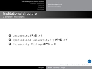 The Norwegian academic system
Scientiﬁc production
Products
Students
Summary

Institutional structure
Institutional ranking

Institutional structure
3 different institutions

1

University #PhD ≥ 4

2

Specialized University 1 ≤ #PhD < 4

3

University College #PhD = 0

Haugen

Molde University College

 