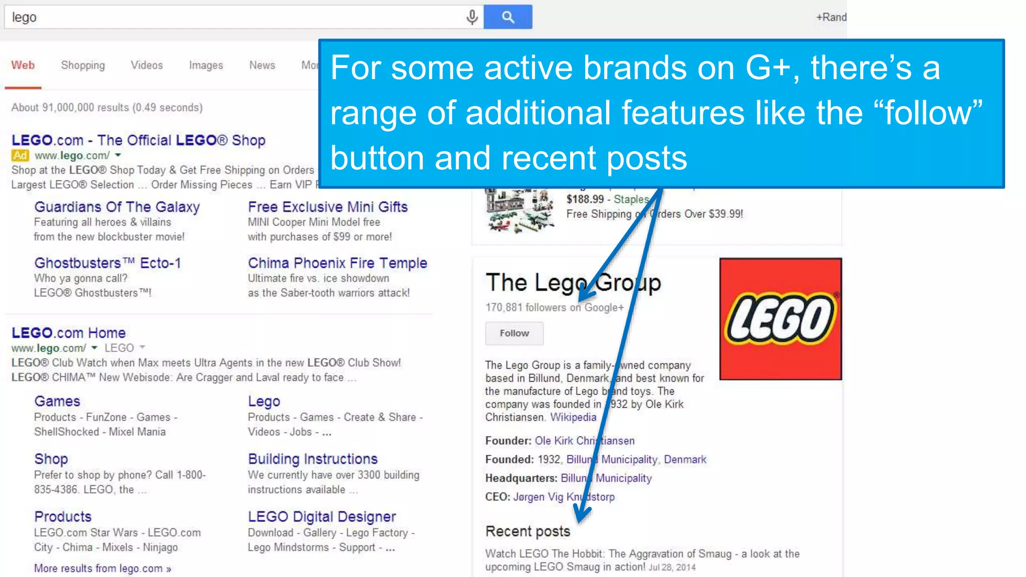 For some active brands on G+, there’s a 
range of additional features like the “follow” 
button and recent posts 
 