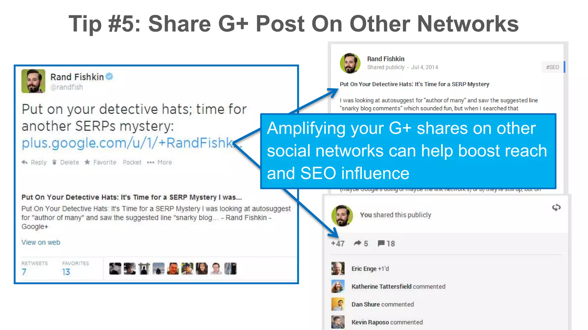 Tip #5: Share G+ Post On Other Networks 
Amplifying your G+ shares on other 
social networks can help boost reach 
and SEO influence 
 