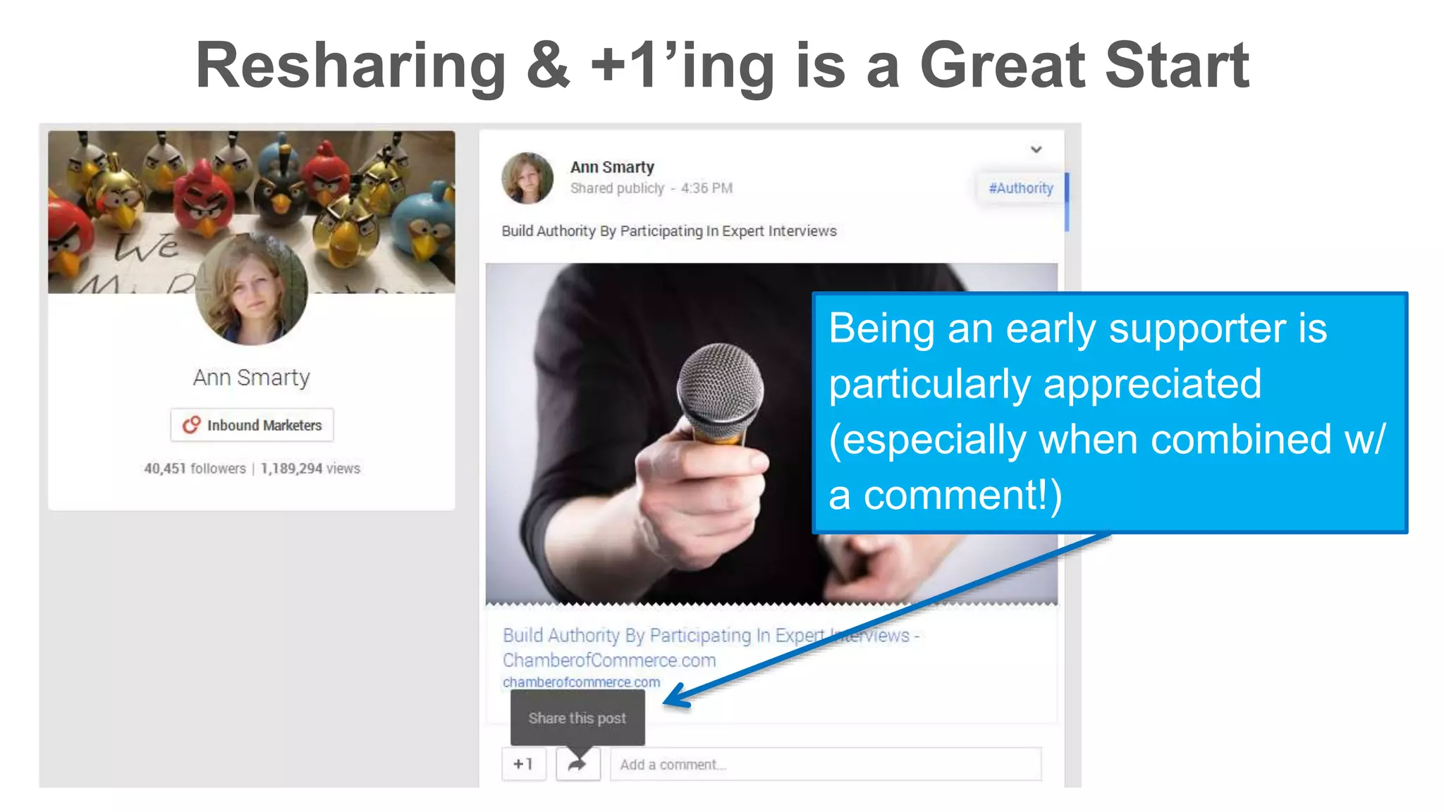 Resharing & +1’ing is a Great Start 
Being an early supporter is 
particularly appreciated 
(especially when combined w/ 
a comment!) 
 