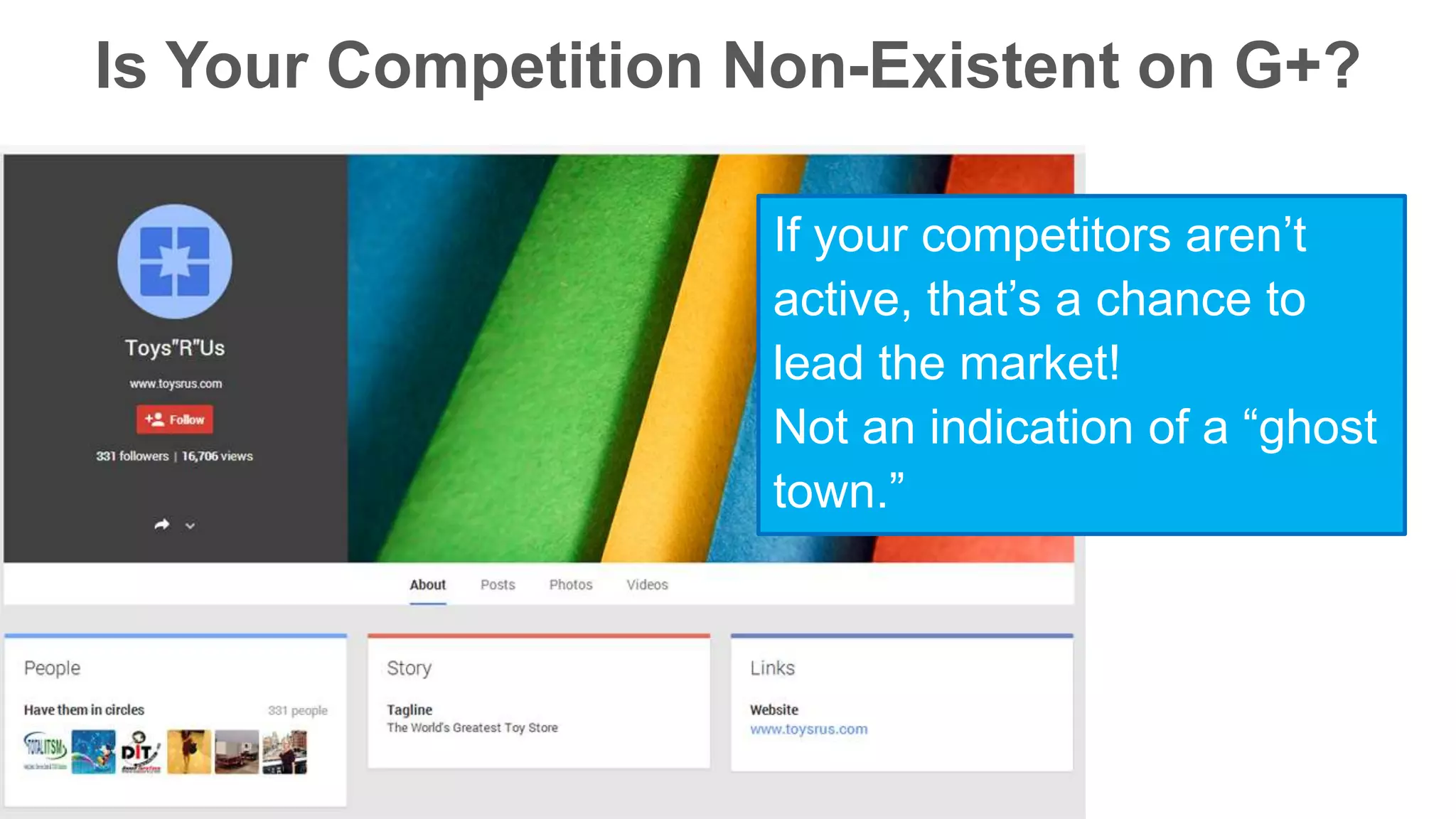 Is Your Competition Non-Existent on G+? 
If your competitors aren’t 
active, that’s a chance to 
lead the market! 
Not an indication of a “ghost 
town.” 
 