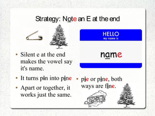 Strategy: Note an Eat the end
● Silent e at the end
makes the vowel say
it's name.
● It turns pin into pine
● Apart or together, it
works just the same.
● pie or pine, both
ways are fine.
 
