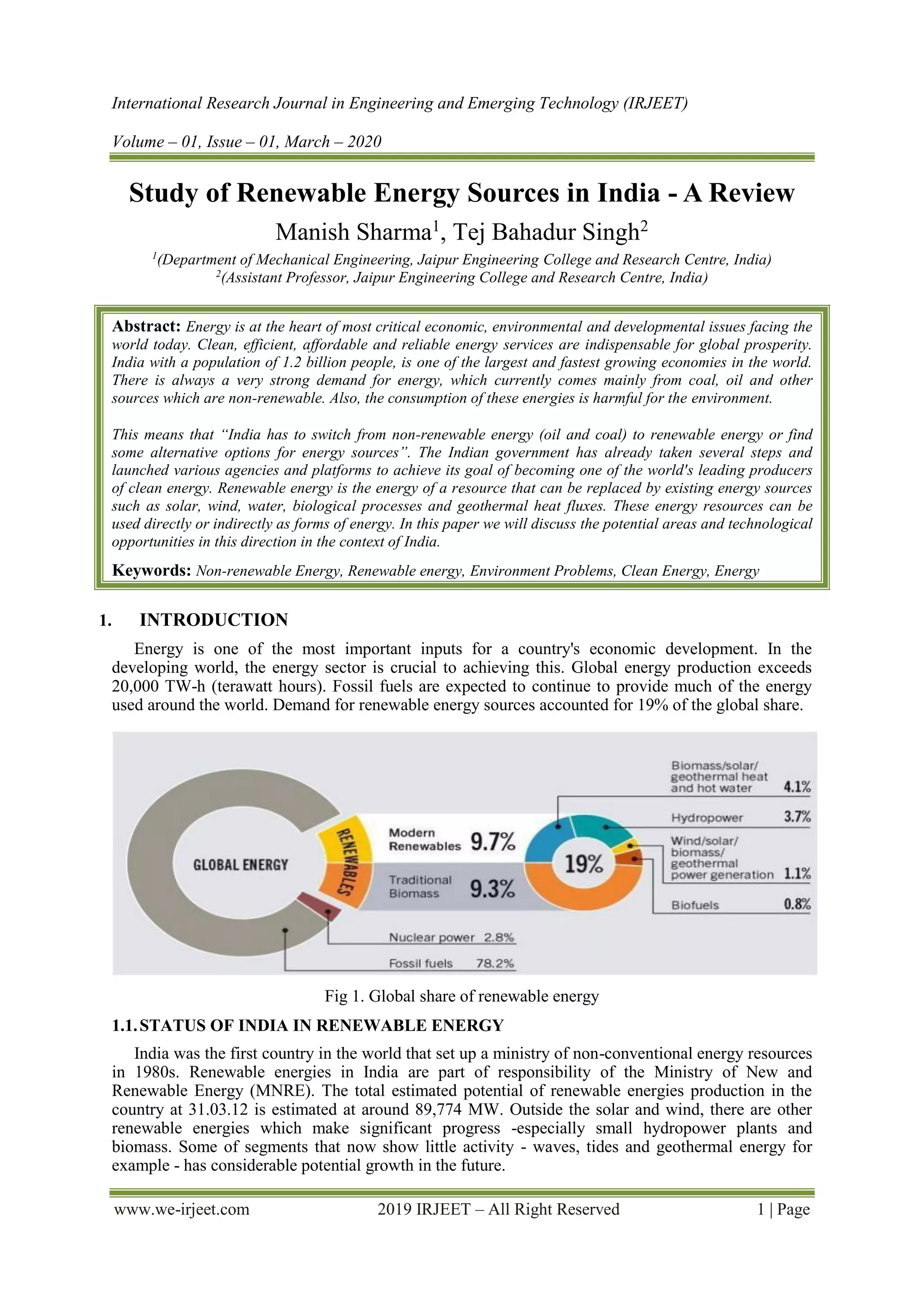 Study of Renewable Energy Sources in India - A Review | PDF
