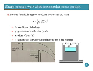 Sharp-crested weir with rectangular cross section
6
 Formula for calculating flow rate (over the weir section, m³/s)
 : coefficient of discharge
 g : gravitational acceleration (m/s²)
 b : width of weir (m)
 H : elevation of the water surface from the top of the weir (m)
2
3
2
 