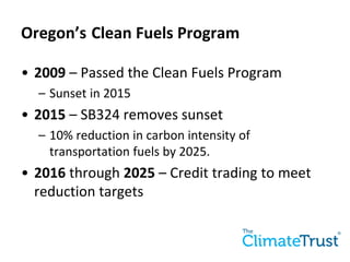 Oregon’s Clean Fuels Program
• 2009 – Passed the Clean Fuels Program
– Sunset in 2015
• 2015 – SB324 removes sunset
– 10% reduction in carbon intensity of
transportation fuels by 2025.
• 2016 through 2025 – Credit trading to meet
reduction targets
 