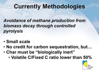 Currently Methodologies
Avoidance of methane production from
biomass decay through controlled
pyrolysis
• Small scale
• No credit for carbon sequestration, but…
• Char must be “biologically inert”
• Volatile C/Fixed C ratio lower than 50%
 