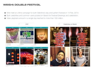 Weishi: Double Festival 
Wish held an online campaign for both Valentine’s day and Lantern Festival on 14 Feb, 2014; 
Both celebrities and common users posted on Weishi for Festival Greetings and celebration; 
Video playback amount in a single day reached to more than 160 million. 
UGC Celebrities on Weishi 
 