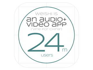 WeiShi Is 
an audio+ 
video app 
24(“vine for china”) 
m 
users 
 