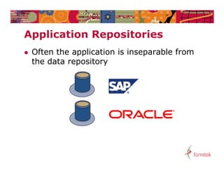 Application Repositories
A li ti     R    it i
   Often the application is inseparable from
    the data repository
 