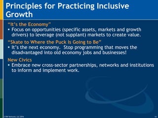 © RW Ventures, LLC 2016
Principles for Practicing Inclusive
Growth
14
“It’s the Economy”
 Focus on opportunities (specific assets, markets and growth
drivers) to leverage (not supplant) markets to create value.
“Skate to Where the Puck Is Going to Be”
 It’s the next economy. Stop programming that moves the
disadvantaged into old economy jobs and businesses!
New Civics
 Embrace new cross-sector partnerships, networks and institutions
to inform and implement work.
 