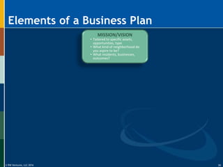 © RW Ventures, LLC 2016
Elements of a Business Plan
MISSION/VISION
• Tailored to specific assets,
opportunities, type
• What kind of neighborhood do
you aspire to be?
• What residents, businesses,
outcomes?
35
 
