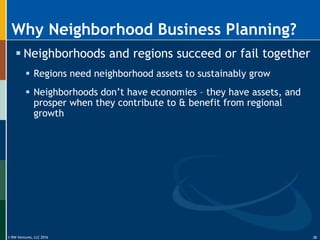 © RW Ventures, LLC 2016
Why Neighborhood Business Planning?
 Neighborhoods and regions succeed or fail together
 Regions need neighborhood assets to sustainably grow
 Neighborhoods don’t have economies – they have assets, and
prosper when they contribute to & benefit from regional
growth
36
 