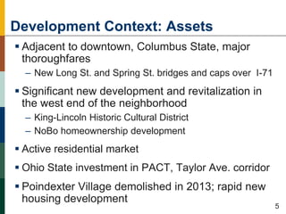 Development Context: Assets
 Adjacent to downtown, Columbus State, major
thoroughfares
– New Long St. and Spring St. bridges and caps over I-71
 Significant new development and revitalization in
the west end of the neighborhood
– King-Lincoln Historic Cultural District
– NoBo homeownership development
 Active residential market
 Ohio State investment in PACT, Taylor Ave. corridor
 Poindexter Village demolished in 2013; rapid new
housing development
45
5
 