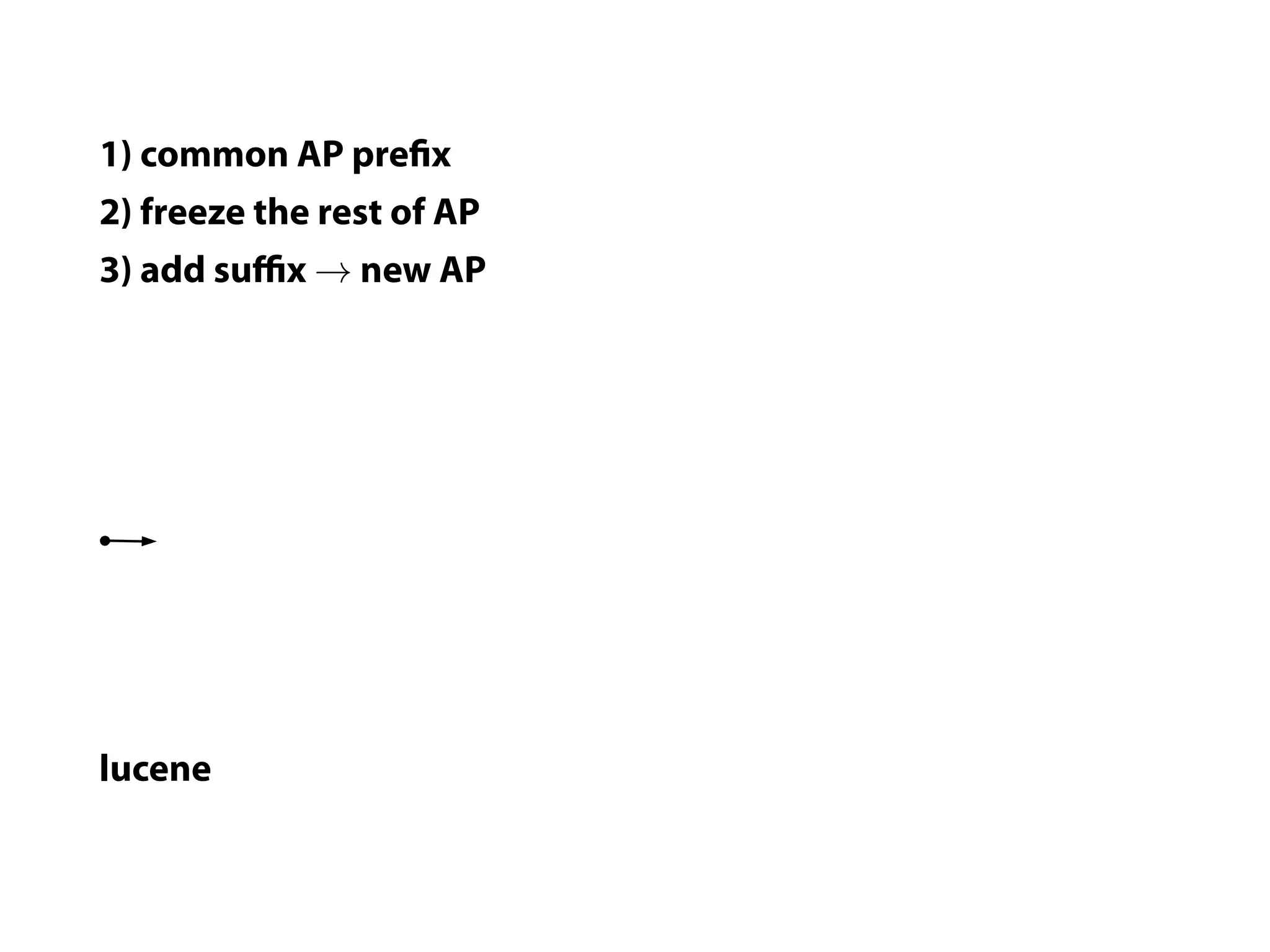 1) common AP pre x
2) freeze the rest of AP
3) add suﬃx → new AP




lucene
 