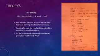 THEORY'S
• I suspected a chemical reaction like the ones I
had been learning about in chemistry class
• I wrote a formula like I had and researched the
solubility of possible products
• All the possible outcomes were soluble but a
precipitate had formed. Why?
The formula
HCl(aq) + C24H39NaO4(aq) → x(aq) + y(s)
 