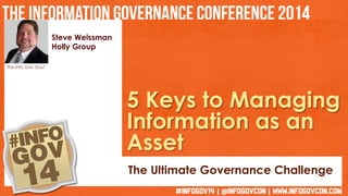 Steve Weissman 
Holly Group 
5 Keys to Managing 
Information as an 
Asset 
The Ultimate Governance Challenge 
The Info Gov Guy! 
 