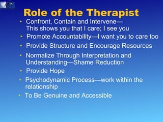 Role of the Therapist Confront, Contain and Intervene—This shows you that I care; I see you Promote Accountability—I want you to care too Provide Structure and Encourage Resources Normalize Through Interpretation and Understanding—Shame Reduction Provide Hope Psychodynamic Process—work within the relationship To Be Genuine and Accessible 