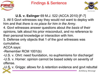 Artillery Strong! 
Findings & Sentence 
U.S. v. Eslinger 69 M.J. 522 (ACCA 2010) [F-7] 
3. All 5 Govt witnesses say they would not want to deploy with 
him and that there is no place for him in the Army. 
4. Govt witnesses answer questions about the basis of their 
opinions, talk about his prior misconduct, and no reference to 
their personal knowledge or interaction with him. 
5. Defense only objects that 1 of the govt witnesses was 
cumulative. 
ACCA says: 
-Remember RCM 1001(b) 
-U.S. v. Ohrt: need foundation, no euphemisms for discharge! 
-U.S. v. Horner: opinion cannot be based solely on severity of 
offense. 
-U.S. v. Griggs: allows for Δ retention evidence and govt rebuttal 
 