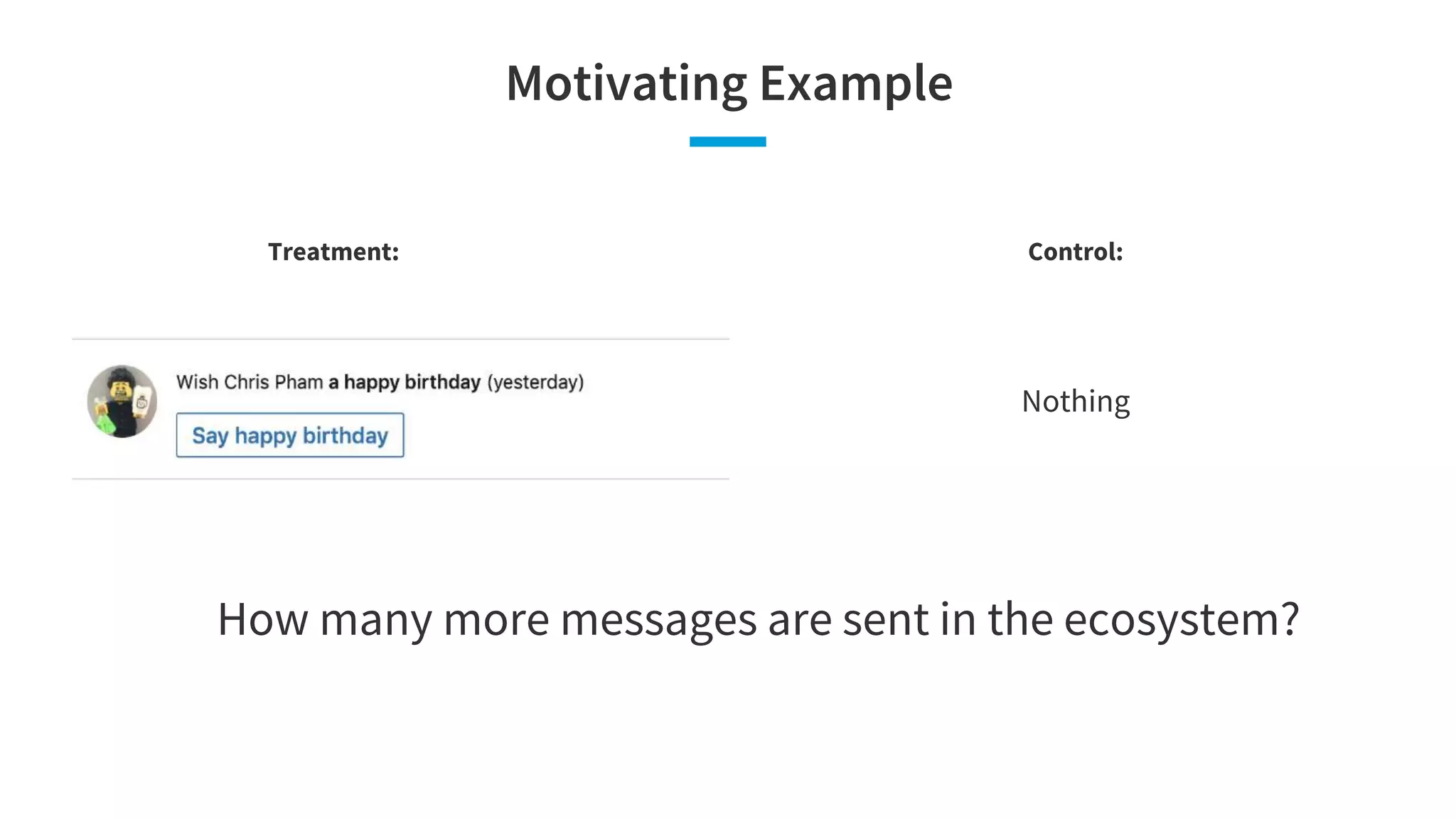 Motivating Example
Treatment: Control:
Nothing
How many more messages are sent in the ecosystem?
 