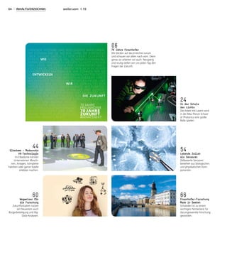 04 - INHALTSVERZEICHNIS weiter.vorn 1.19
24
In der Schule
des Lichts
Die Arbeit mit Lasern wird
in der Max Planck School
of Photonics eine große
Rolle spielen.
54
Lebende Zellen
als Sensoren
Zellbasierte Sensoren
bestehen aus biologischen
und physikalischen Kom-
ponenten.
44
Elbedome — Modernste
VR-Technologie
Im Elbedome können
Unternehmen Maschi-
nen, Anlagen, komplette
Fabriken oder ganze Städte
erlebbar machen.
66
Fraunhofer-Forschung
Made in Sweden
Schweden ist zu einem
wichtigen Partnerland für
die angewandte Forschung
geworden.
60
Wegweiser für
die Forschung
Zukunftsstudien nutzen
seit Neuestem auch
Bürgerbeteiligung und Big-
Data-Analysen.
06
70 Jahre Fraunhofer
Wir blicken auf das Erreichte zurück
und schauen vor allem nach vorn. Denn
genau so arbeiten wir auch. Neugierig
und mutig stellen wir uns jeden Tag den
Fragen der Zukunft.
ren Wissensvorsprung.
17.01.19 14:55
Das Fraunhofer-Magazin 1/19
weiter.vorn
weiter.vornweiter.vorn
1
1
9
 