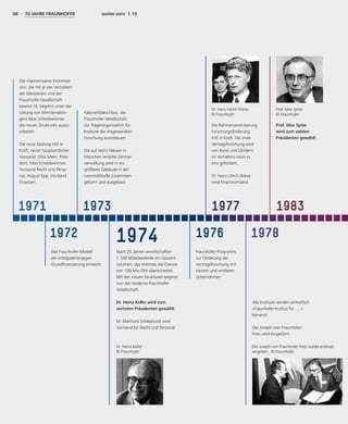 19761974 1978
Fraunhofer-Programm
zur Förderung der
Vertragsforschung mit
kleinen und mittleren
Unternehmen
Alle Institute werden einheitlich
»Fraunhofer-Institut für … «
benannt
	
Der Joseph-von-Fraunhofer-
Preis wird eingeführt
Nach 25 Jahren erwirtschaften
1 700 Mitarbeitende ein Gesamt-
volumen, das erstmals die Grenze
von 100 Mio DM überschreitet.
Mit den neuen Strukturen beginnt
nun die moderne Fraunhofer-
Gesellschaft.
Dr. Heinz Keller wird zum
sechsten Präsidenten gewählt
Dr. Eberhard Schlephorst wird
Vorstand für Recht und Personal
1977
Die Rahmenvereinbarung
Forschungsförderung
tritt in Kraft. Die zivile
Vertragsforschung wird
von Bund und Ländern
im Verhältnis neun zu
eins gefördert.
	
Dr. Hans-Ulrich Wiese
wird Finanzvorstand
Dr. Heinz Keller
© Fraunhofer
Der Joseph-von-Fraunhofer Preis wurde erstmals
vergeben. © Fraunhofer
1983
Prof. Max Syrbe
wird zum siebten
Präsidenten gewählt
Dr. Hans-Ulrich Wiese
© Fraunhofer
Prof. Max Syrbe
© Fraunhofer
1973
Kabinettsbeschluss, die
Fraunhofer-Gesellschaft
zur Trägerorganisation für
Institute der Angewandten
Forschung auszubauen
Die auf sechs Häuser in
München verteilte Zentral­
verwaltung wird in ein
größeres Gebäude in der
Leonrodstraße zusammen­
geführt und ausgebaut
1971
Die »Gemeinsame Kommissi-
on«, die mit je vier Vertretern
der Ministerien und der
Fraunhofer-Gesellschaft
besetzt ist, beginnt unter der
Leitung von Ministerialdiri-
gent Max Scheidwimmer
die neuen Strukturen auszu-
arbeiten
Die neue Satzung tritt in
Kraft, neuer hauptamtlicher
Vorstand: Otto Mohr, Präsi-
dent, Max Scheidwimmer,
Vorstand Recht und Perso-
nal, August Epp, Vorstand
Finanzen
1972
Das Fraunhofer-Modell
der erfolgsabhängigen
Grundfinanzierung entsteht
08 - 70 JAHRE FRAUNHOFER weiter.vorn 1.19
 