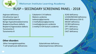 RUSP – SECONDARY SCREENING PANEL - 2018
Cobalamin C+D defects
Malonic acidemia
Isobutyrylglycinemia
2-methylbutyrylglycinemia
3-methylglutaconic acidemia
2-methyl-3-OH-butyric acidemia
Arginase deficiency
Citrullinemia type II
Hypermethioninemia
Benign hyperphenylalaninemia
Biopterin/synthesis defects
Biopterin/regeneration defects
Tyrosinemia II
Tyrosinemia III
SCAD deficiency
LCHAD/MCHAD deficiency
MAD deficiency (GA II)
MCKAT deficiency
CE RED deficiency
CPT I deficiency
CPT II deficiency
CACT deficiency
Other hemoglobinopathies Galactokinase deficiency
T cell lymphocyte deficiencies Galactoepimerase deficiency
Other disorders
 