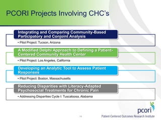 PCORI Projects Involving CHC’s
14
• Pilot Project: Tucson, Arizona
Integrating and Comparing Community-Based
Participatory and Conjoint Analysis
• Pilot Project: Los Angeles, California
A Modified Delphi Approach to Defining a Patient-
Centered Community Health Center
• Pilot Project: Boston, Massachusetts
Developing an Analytic Tool to Assess Patient
Responses
• Addressing Disparities Cycle I: Tuscaloosa, Alabama
Reducing Disparities with Literacy-Adapted
Psychosocial Treatments for Chronic Pain
 