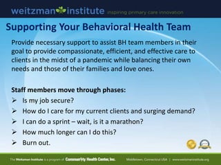 Supporting Your Behavioral Health Team
Provide necessary support to assist BH team members in their
goal to provide compas...