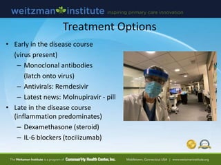 Treatment Options
• Early in the disease course
(virus present)
– Monoclonal antibodies
(latch onto virus)
– Antivirals: Remdesivir
– Latest news: Molnupiravir - pill
• Late in the disease course
(inflammation predominates)
– Dexamethasone (steroid)
– IL-6 blockers (tocilizumab)
 