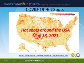 COVID-19 Hot Spots
https://www.nytimes.com/interactive/2021/us/covid-cases.html
Hot spots around the USA
May 18, 2021
 