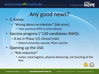 Any good news?
• S. Korea:
– “Wrong about re-infection” [lab error]
• False positives (PCR vs viral culture)
• Vaccine pro...