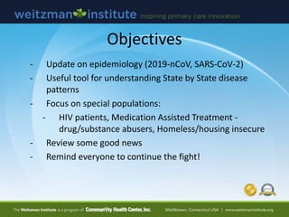 Objectives
- Update on epidemiology (2019-nCoV, SARS-CoV-2)
- Useful tool for understanding State by State disease
patterns
- Focus on special populations:
- HIV patients, Medication Assisted Treatment -
drug/substance abusers, Homeless/housing insecure
- Review some good news
- Remind everyone to continue the fight!
 