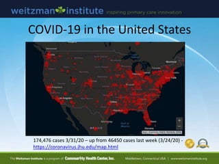COVID-19 in the United States
174,476 cases 3/31/20 – up from 46450 cases last week (3/24/20) -
https://coronavirus.jhu.edu/map.html
 