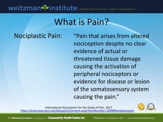 What is Pain?
• Family
• Work
• Codependent
relationships
An experience produced
by any combination of
the 4 processes, fe...