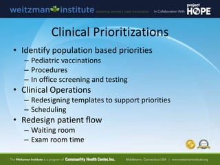 Clinical Prioritizations
• Identify population based priorities
– Pediatric vaccinations
– Procedures
– In office screenin...