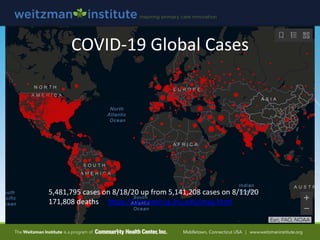 COVID-19 Global Cases
5,481,795 cases on 8/18/20 up from 5,141,208 cases on 8/11/20
171,808 deaths https://coronavirus.jhu...