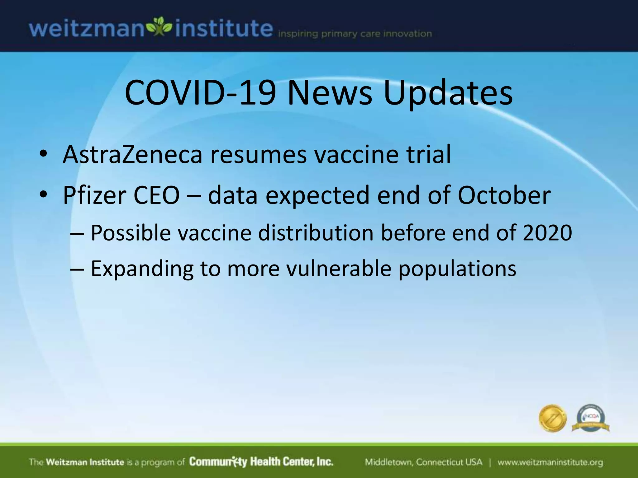 COVID-19 News Updates
• AstraZeneca resumes vaccine trial
• Pfizer CEO – data expected end of October
– Possible vaccine distribution before end of 2020
– Expanding to more vulnerable populations
 