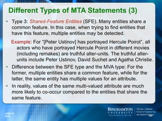  Type 3: Shared-Feature Entities (SFE). Many entities share a
common feature. In this case, when trying to find entities that
have this feature, multiple entities may be detected.
Example: For “[Peter Ustinov] has portrayed Hercule Poirot”, all
actors who have portrayed Hercule Poirot in different movies
(including remakes) are truthful alter-units. The truthful alter-
units include Peter Ustinov, David Suchet and Agatha Christie.
 Difference between the SFE type and the MVA type: For the
former, multiple entities share a common feature, while for the
latter, the same entity has multiple values for an attribute.
 In reality, values of the same multi-valued attribute are much
more likely to co-occur compared to the entities that share the
same feature.
Different Types of MTA Statements (3)
103
JUNE 16,
2016
 