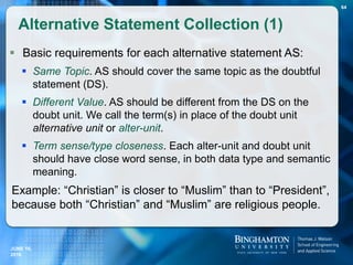  Basic requirements for each alternative statement AS:
 Same Topic. AS should cover the same topic as the doubtful
statement (DS).
 Different Value. AS should be different from the DS on the
doubt unit. We call the term(s) in place of the doubt unit
alternative unit or alter-unit.
 Term sense/type closeness. Each alter-unit and doubt unit
should have close word sense, in both data type and semantic
meaning.
Example: “Christian” is closer to “Muslim” than to “President”,
because both “Christian” and “Muslim” are religious people.
Alternative Statement Collection (1)
64
JUNE 16,
2016
 