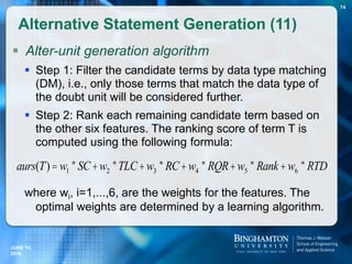  Alter-unit generation algorithm
 Step 1: Filter the candidate terms by data type matching
(DM), i.e., only those terms that match the data type of
the doubt unit will be considered further.
 Step 2: Rank each remaining candidate term based on
the other six features. The ranking score of term T is
computed using the following formula:
where wi, i=1,...,6, are the weights for the features. The
optimal weights are determined by a learning algorithm.
Alternative Statement Generation (11)
aurs(T)= w1 *SC+w2 *TLC+w3 *RC+w4 *RQR+w5 *Rank+w6 *RTD
74
JUNE 16,
2016
 
