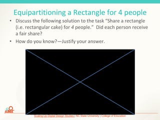Scaling Up Digital Design Studies | NC State University | College of Education
Equipartitioning a Rectangle for 4 people
• Discuss the following solution to the task “Share a rectangle
(i.e. rectangular cake) for 4 people.” Did each person receive
a fair share?
• How do you know?—Justify your answer.
 