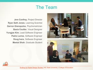 Scaling Up Digital Design Studies | NC State University | College of Education
The Team
Jere Confrey, Project Director
Ryan Seth Jones, Learning Scientist
Garron Gianopulos, Psychometrician
Basia Coulter, Visual Designer
Yungjae Kim, Lead Software Engineer
Pedro Larios, Software Engineer
Doug Ivers, Software Engineer
Meetal Shah, Graduate Student
 