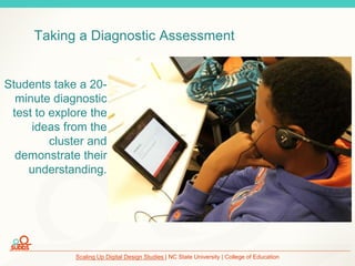 Scaling Up Digital Design Studies | NC State University | College of Education
Taking a Diagnostic Assessment
Students take a 20-
minute diagnostic
test to explore the
ideas from the
cluster and
demonstrate their
understanding.
 