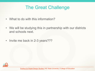 Scaling Up Digital Design Studies | NC State University | College of Education
The Great Challenge
• What to do with this information?
• We will be studying this in partnership with our districts
and schools next.
• Invite me back in 2-3 years???
 