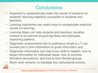 Scaling Up Digital Design Studies | NC State University | College of Education
Conclusions
• Important to systematically make the results of research on
students’ learning trajectory accessible to students and
teachers;
• Learning trajectories are useful ways to encapsulate empirical
results on learning;
• Learning Maps can help students and teachers visualize
content to be learned around big ideas and anticipate
reasoning patterns;
• Diagnostic assessments tied to proficiency levels in LT can
provide just in time information to guide instruction; and
• Diagnostic information can help know what to reteach, how to
target information for individual needs, how to promote
formative discussions, and how to form flexible groups.
• Much work remains, to translate into instructional actions.
 