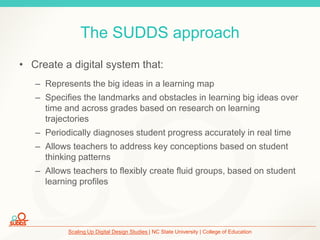 Scaling Up Digital Design Studies | NC State University | College of Education
The SUDDS approach
• Create a digital system that:
– Represents the big ideas in a learning map
– Specifies the landmarks and obstacles in learning big ideas over
time and across grades based on research on learning
trajectories
– Periodically diagnoses student progress accurately in real time
– Allows teachers to address key conceptions based on student
thinking patterns
– Allows teachers to flexibly create fluid groups, based on student
learning profiles
 